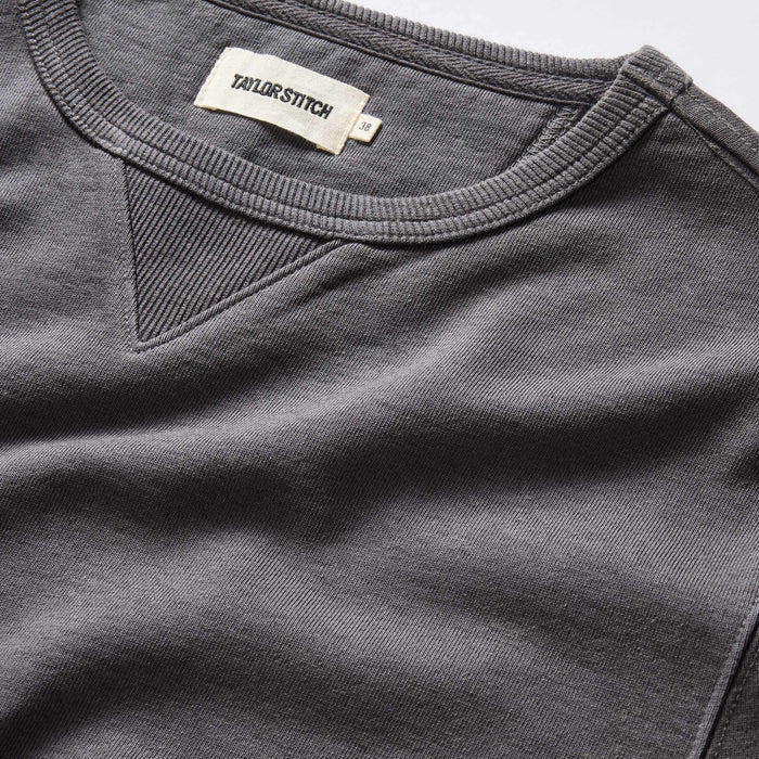 material shot of the neck opening on The Cotton Hemp Crew in Asphalt