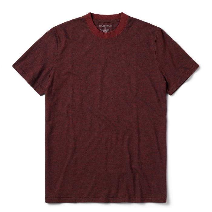 flatlay of The Cotton Hemp Tee in Rust and Navy Stripe