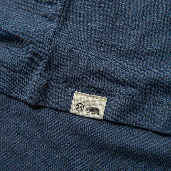 material shot of hem of The Cotton Hemp Tee in Steel Blue