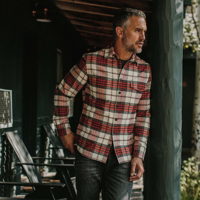 fit model wearing The Crater Shirt in Engine Plaid on a porch
