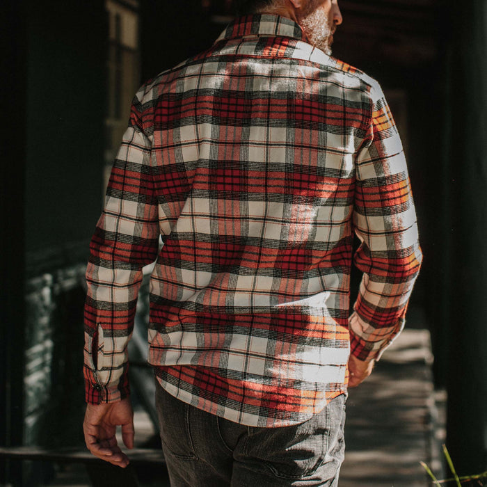 fit model wearing The Crater Shirt in Engine Plaid from the back