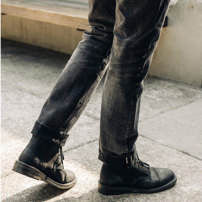 fit model showing off back of The Democratic Jean in Black 3-Month Wash Selvage