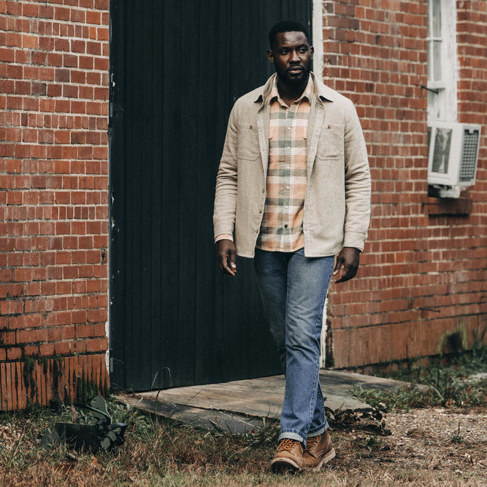 fit model walking in The Democratic Jean in Fletcher Wash Organic Selvage