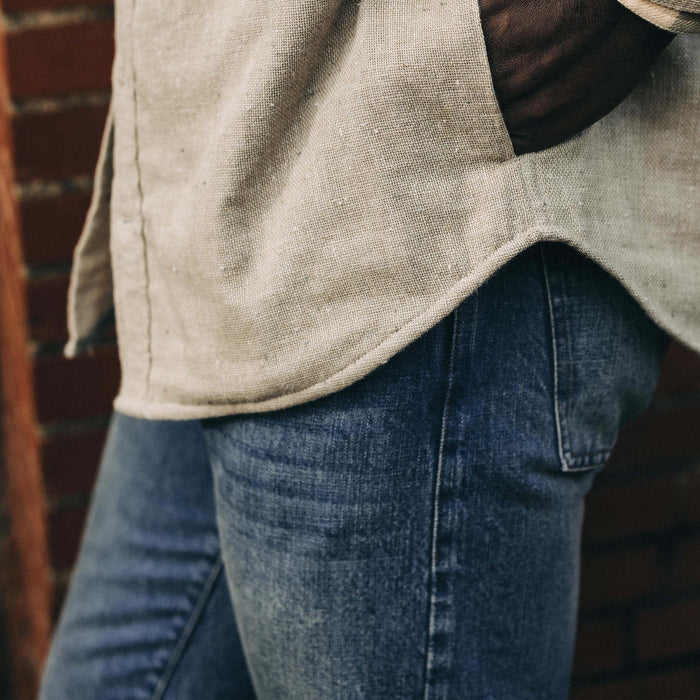 fit model posing in The Democratic Jean in Fletcher Wash Organic Selvage