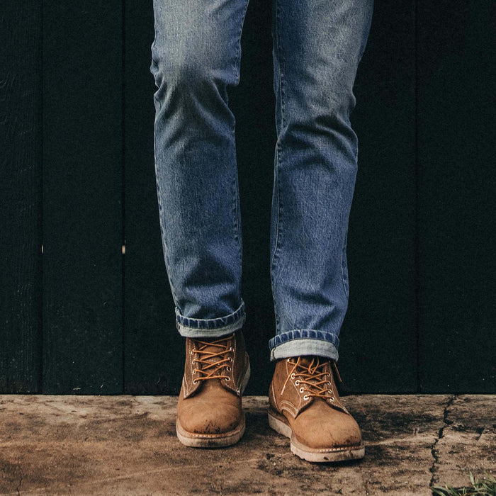 fit model showing off selvage cuffs on The Democratic Jean in Fletcher Wash Organic Selvage