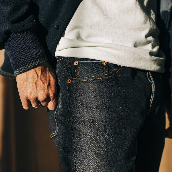 fit model showing off pockets on The Democratic Jean in Kuroki Welterweight Slub
