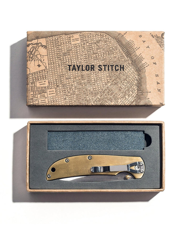The Drop Point Knife in Brass in a box