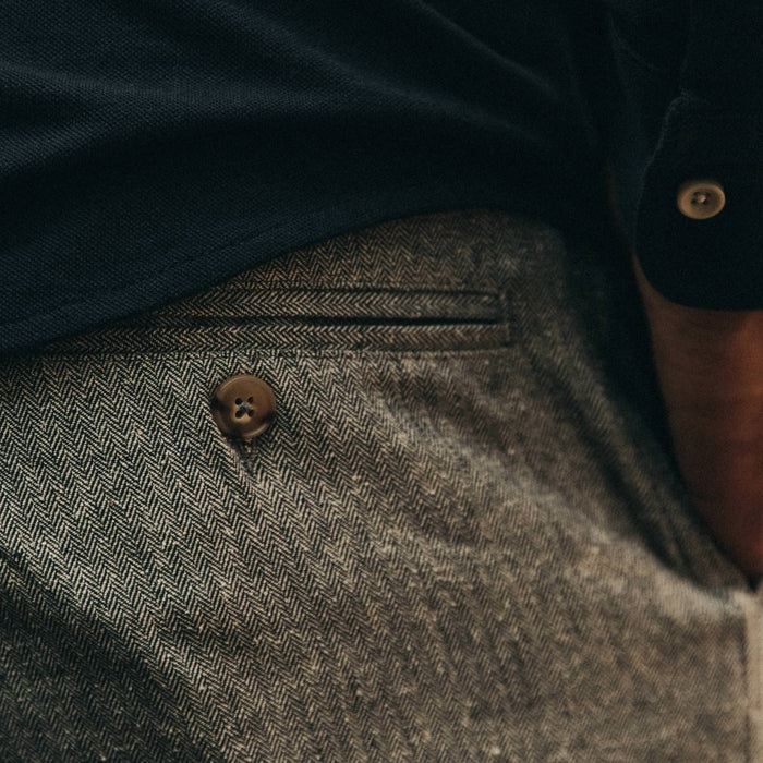 fit model wearing The Easy Pant in Navy Herringbone, back detail