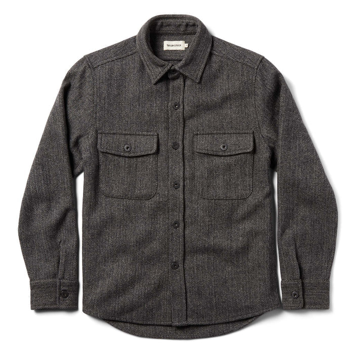 unfolded flatlay of The Explorer Shirt in Coal Herringbone Wool