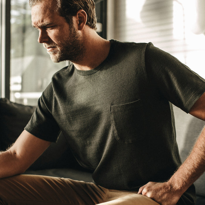 Our fit model wearing The Heavy Bag Tee in Cypress.