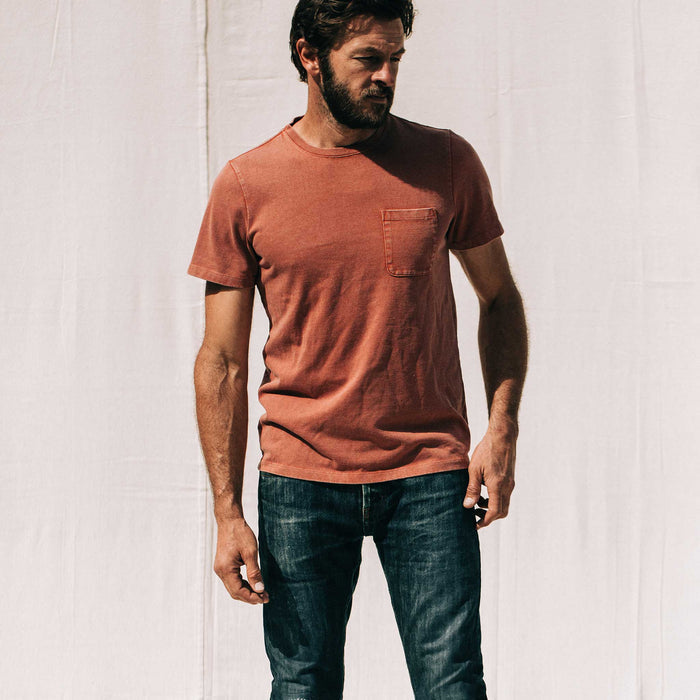our fit model wearing The Heavy Bag Tee in Dusty Clay