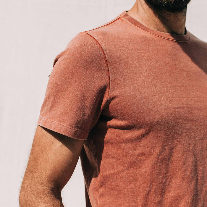 our fit model wearing The Heavy Bag Tee in Dusty Clay