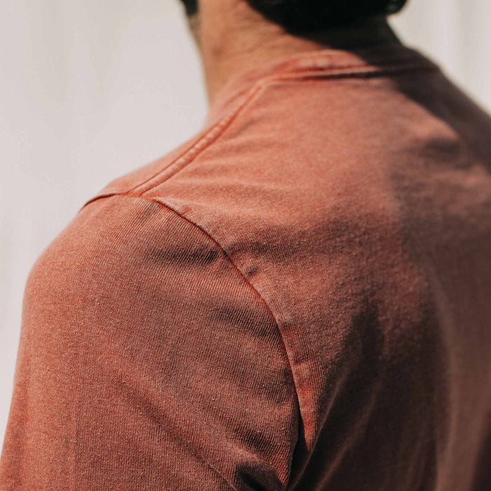 our fit model wearing The Heavy Bag Tee in Dusty Clay