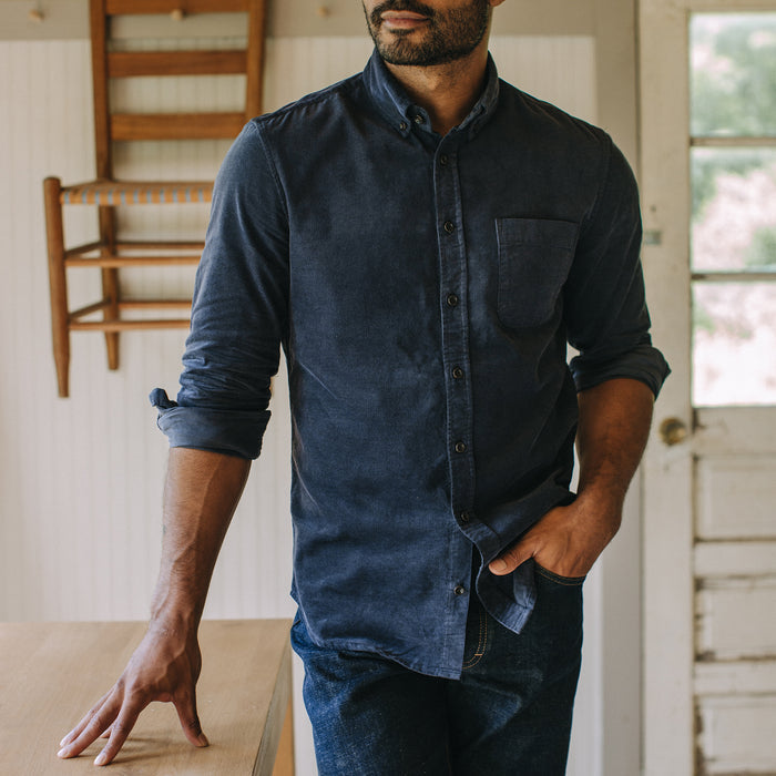 fit model standing in The Jack in Dark Navy Cord