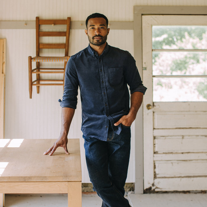 fit model wearing The Jack in Dark Navy Cord