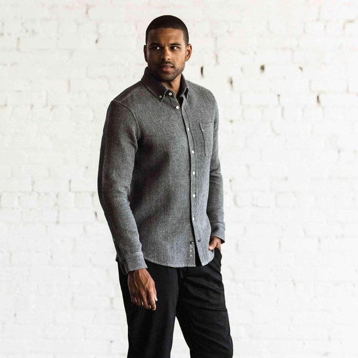 Our fir model wearing The Jack in Heather Ash Waffle from Taylor Stitch.
