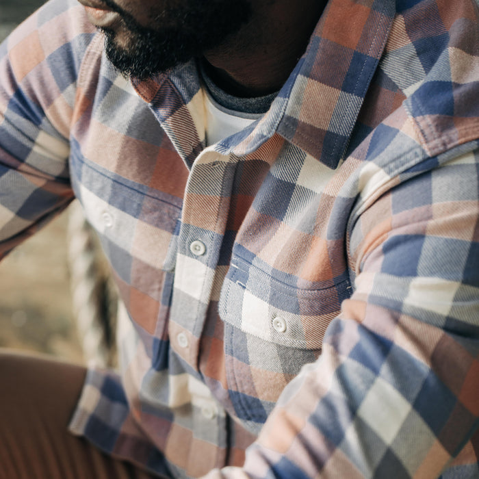 fit model showing the check pattern of The Ledge Shirt in Dusk Check