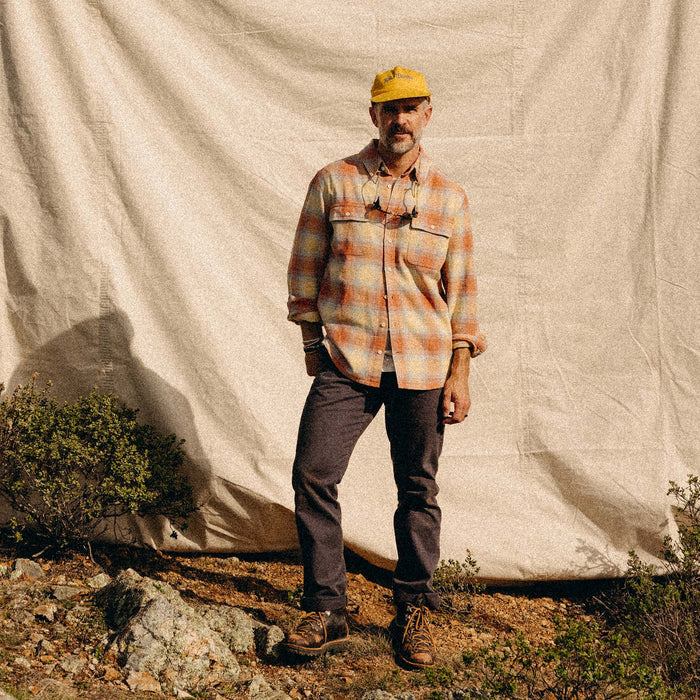 fit model in The Ledge Shirt in Sunrise Plaid