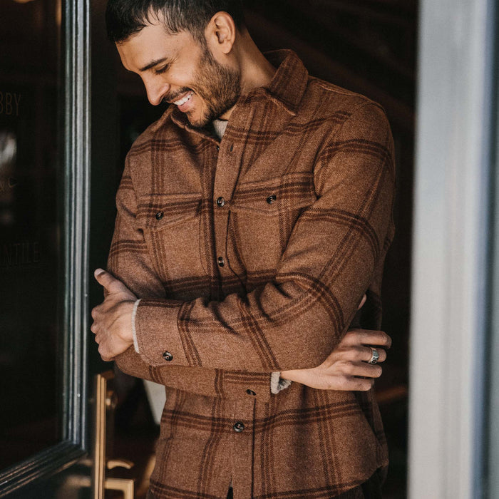 fit model wearing The Maritime Shirt in Espresso Plaid Wool with arms crossed