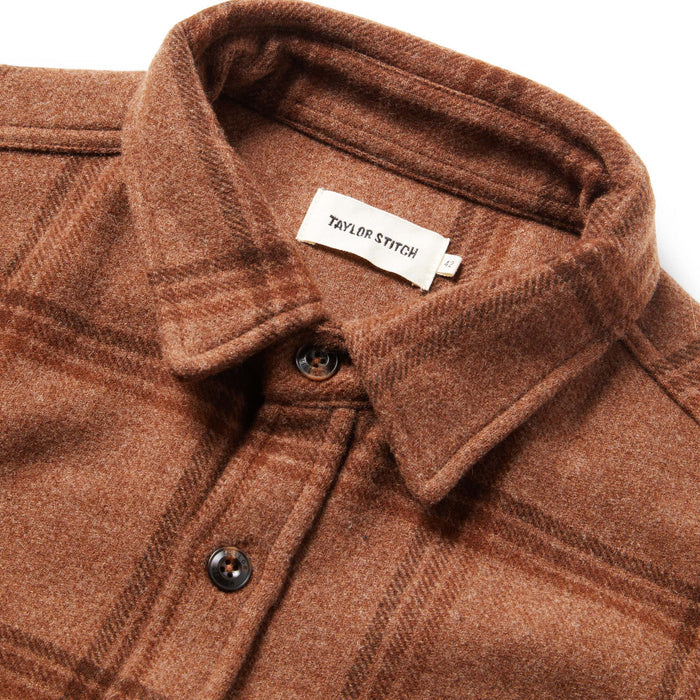 material shot of The Maritime Shirt in Espresso Plaid Wool showing interior neck label