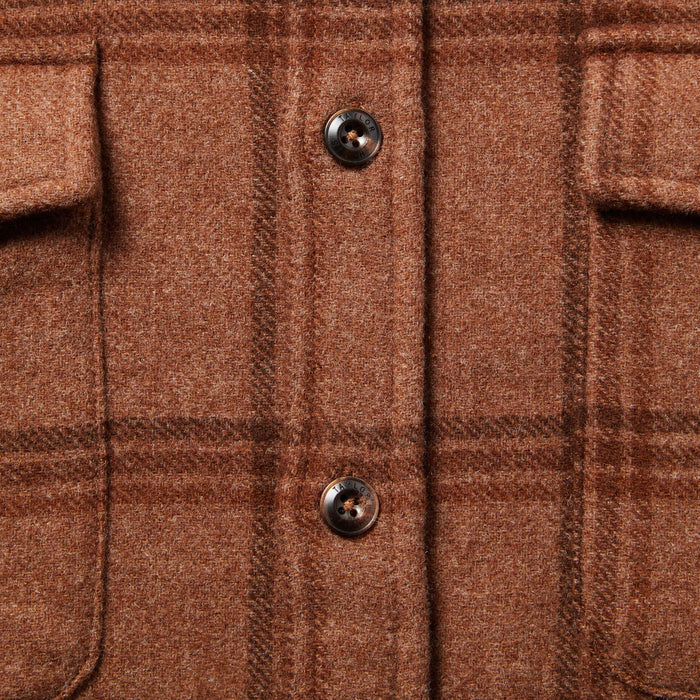 material shot of The Maritime Shirt in Espresso Plaid Wool showing placket and buttons