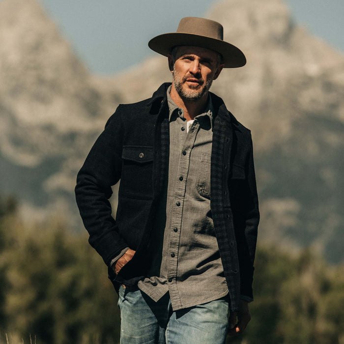 fit model wearing The Maritime Shirt in Navy Wool open from the front