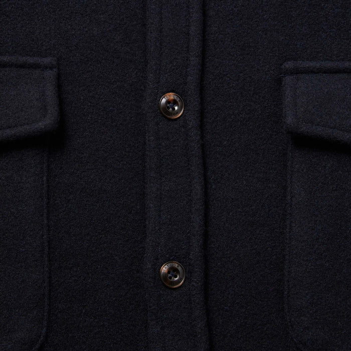 material shot of The Maritime Shirt in Navy Wool showing front placket and buttons