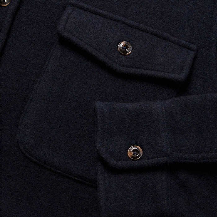 material shot of The Maritime Shirt in Navy Wool showing chest pocket and sleeve cuff