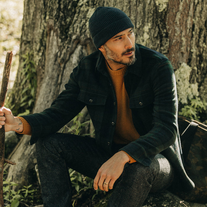 fit model wearing The Maritime Shirt in Saltwater Plaid