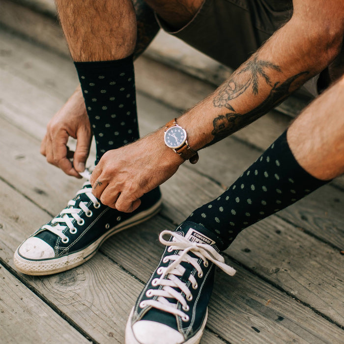our fit model wearing our merino socks outdoors