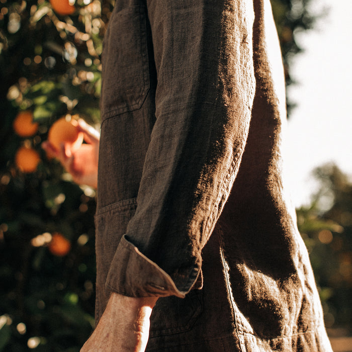 fit model showing the cuff of The Ojai Jacket in Espresso Hemp