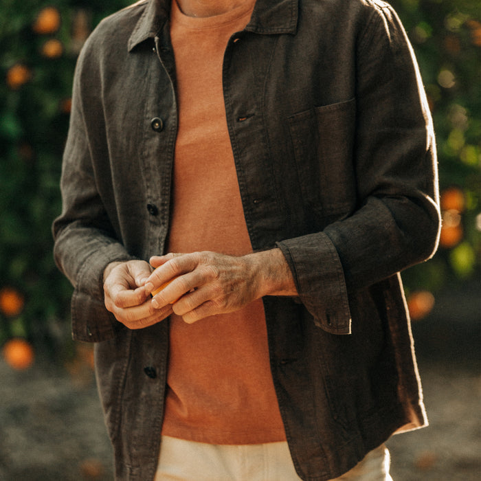 fit model walking in The Ojai Jacket in Espresso Hemp