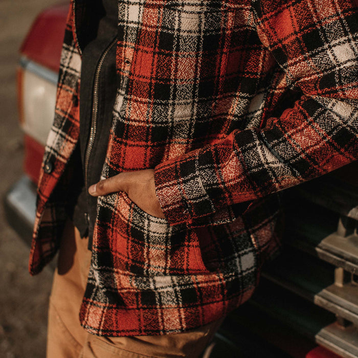 fit model wearing jacket with hand in pocket