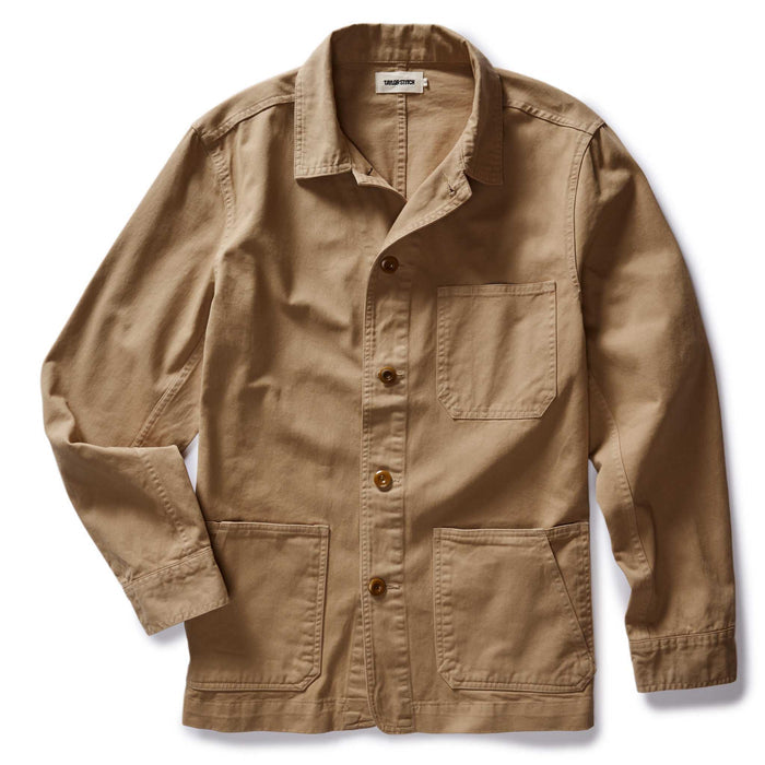 The Ojai Chore Coat in Organic Light Khaki Foundation Twill flatlay