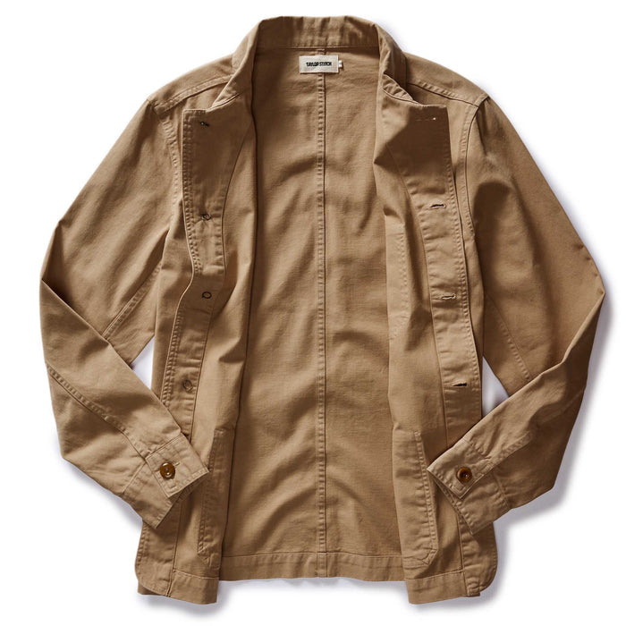 flatlay of the inside of The Ojai Jacket in Organic Light Khaki Foundation Twill