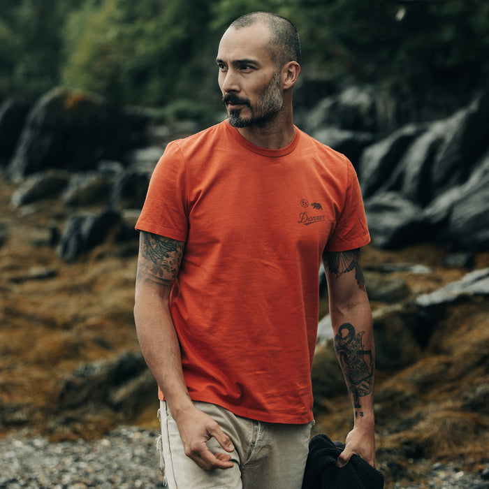 fit model walking wearing The Organic Cotton Tee in Coastal Trail