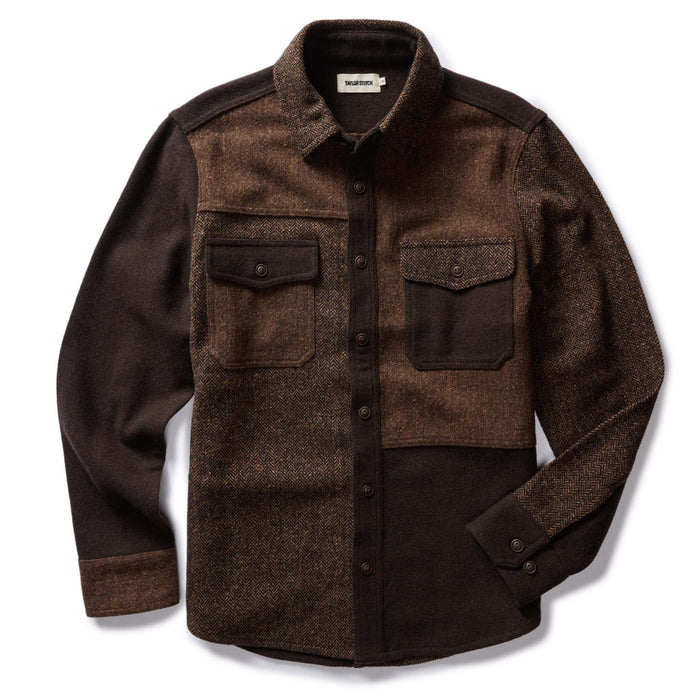 flatlay of The Patchwork Overshirt in Timber Tweed