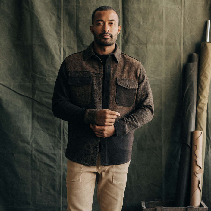 fit model in The Patchwork Overshirt in Timber Tweed