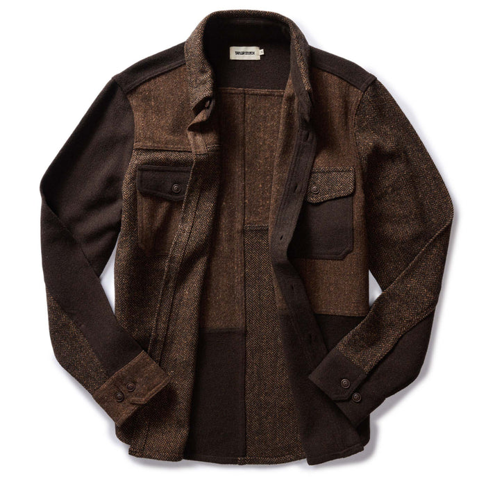 flatlay of The Patchwork Overshirt in Timber Tweed, shown open