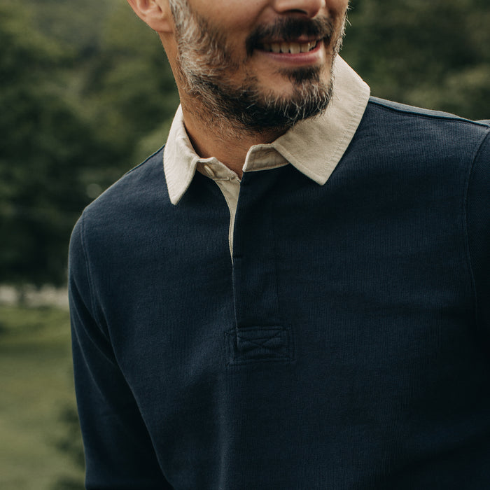 fit model showing the front of The Rugby Shirt in Dark Navy