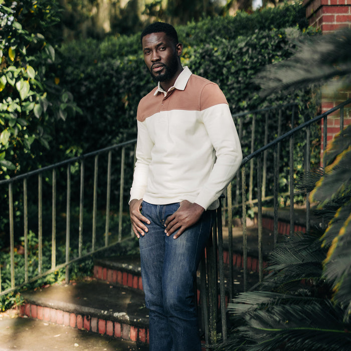 fit model wearing The Rugby Shirt in Mahogany and Natural Color Block