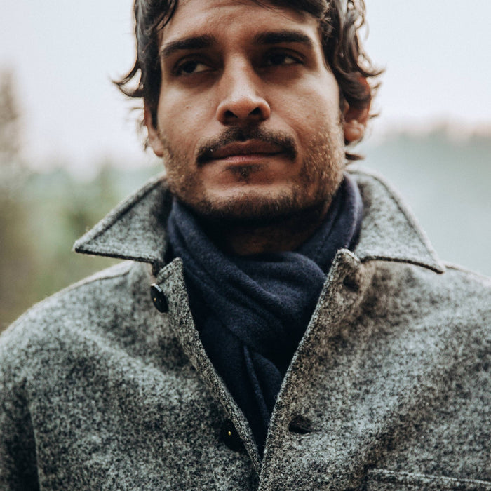 our fit model wearing The Scarf in Navy Baby Yak—under ojai