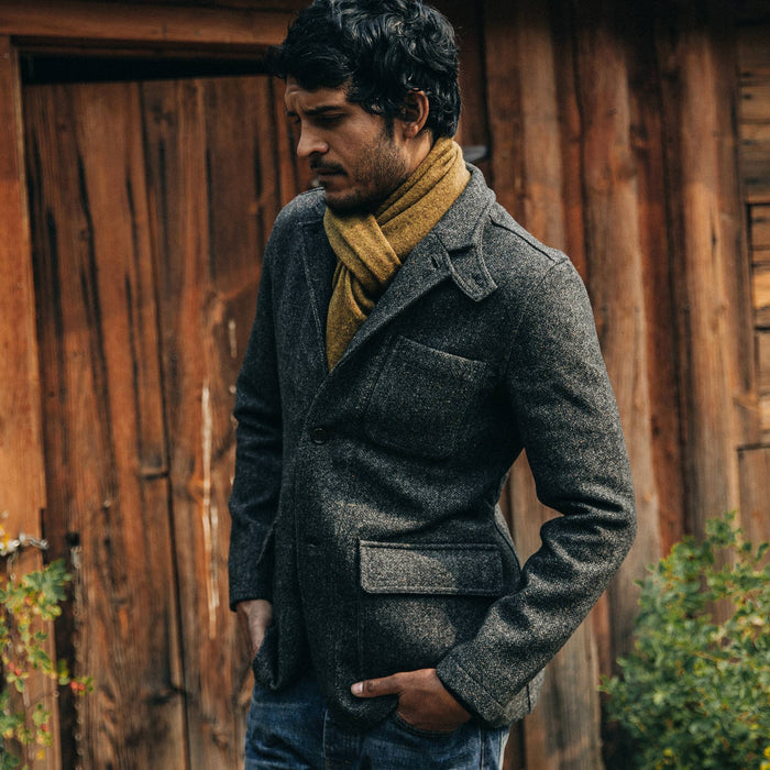 our fit model wearing The Scarf in Ochre Baby Yak—looking left of screen