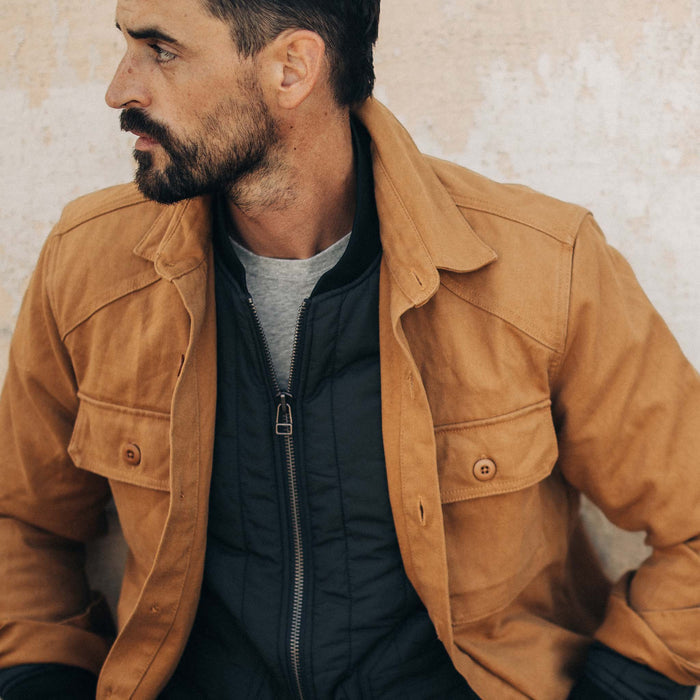 fit model wearing The Shop Shirt in Cedar Boss Duck over The Able Jacket