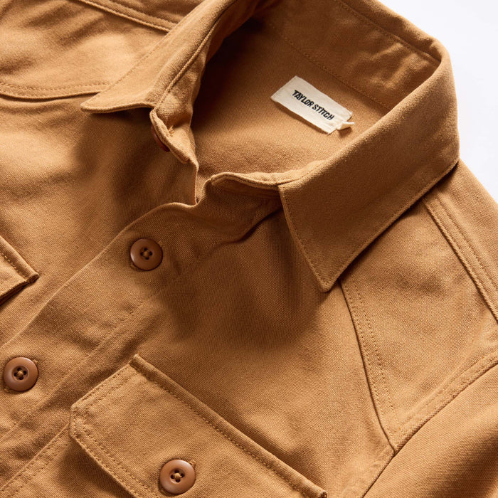 material shot of the collar on The Shop Shirt in Cedar Boss Duck