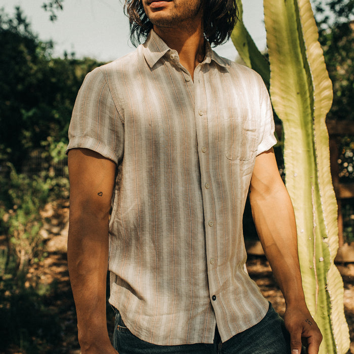 fit model standing in The Short Sleeve California in Dusty Rose Stripe