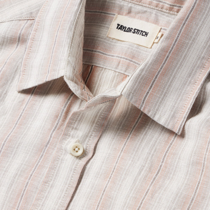 material shot of the collar of The Short Sleeve California in Dusty Rose Stripe