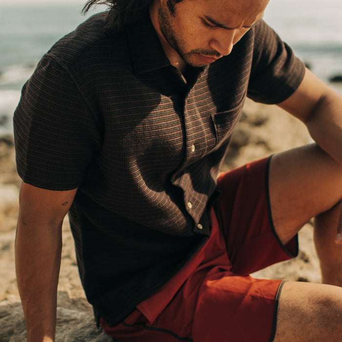 fit model showing the chest detail on The Short Sleeve Hawthorne in Espresso Pickstitch Waffle