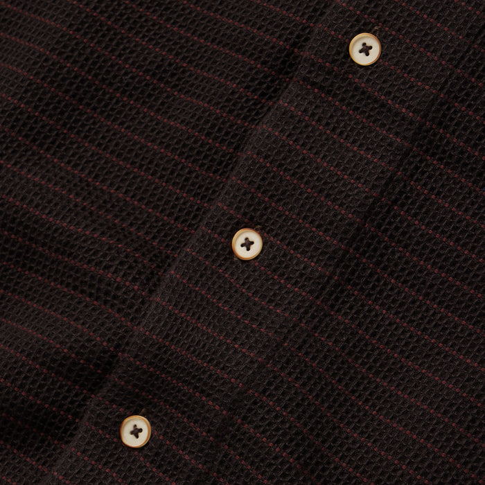 material shot of the buttons and texture on The Short Sleeve Hawthorne in Espresso Pickstitch Waffle