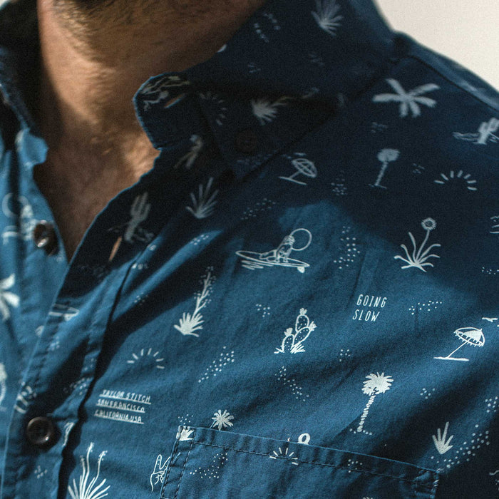 our fit model wearing The Short Sleeve Jack in Navy Aloha